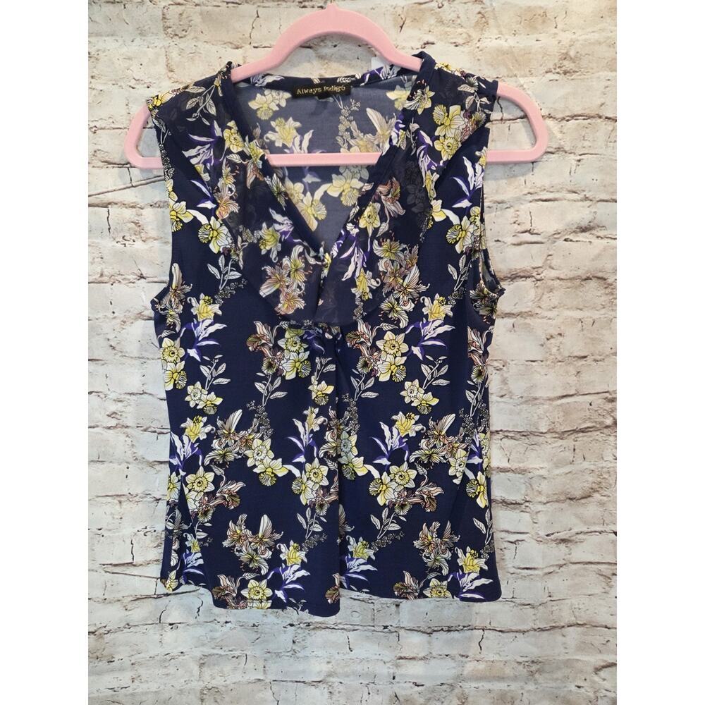 Always Indigo Floral Sleeveless Blouse Womens Size Medium
